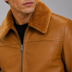 Tan Croco Leather Aviator Jacket | Men's Shearling Collar Zip Jacket