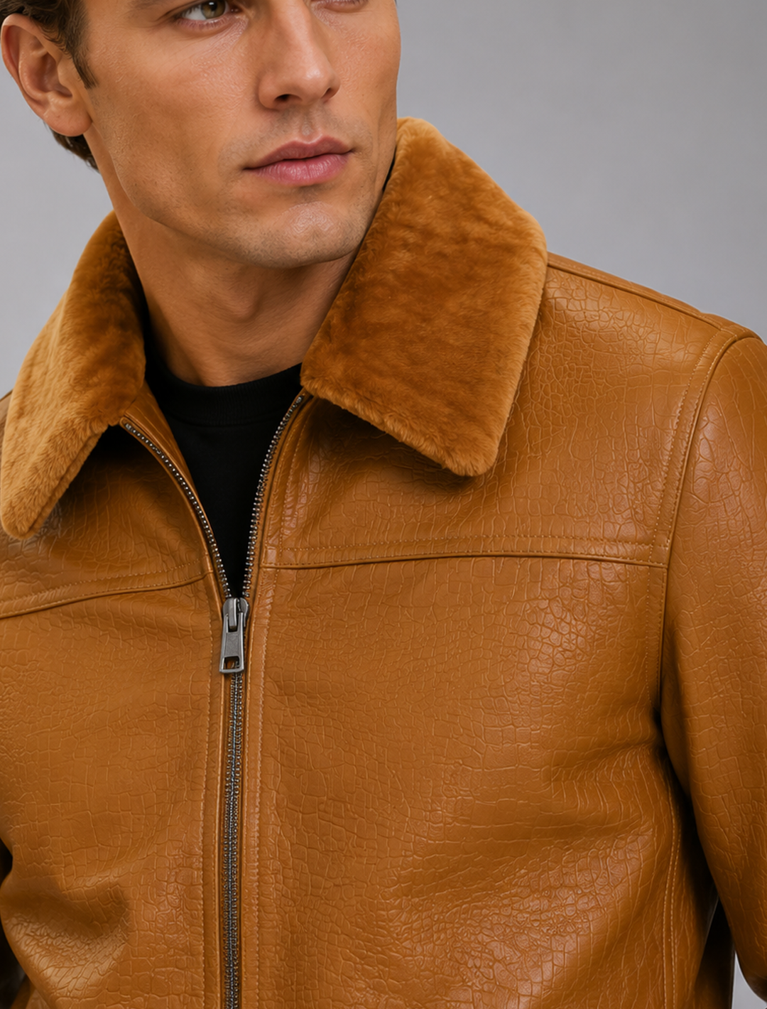 Tan Croco Leather Aviator Jacket | Men's Shearling Collar Zip Jacket