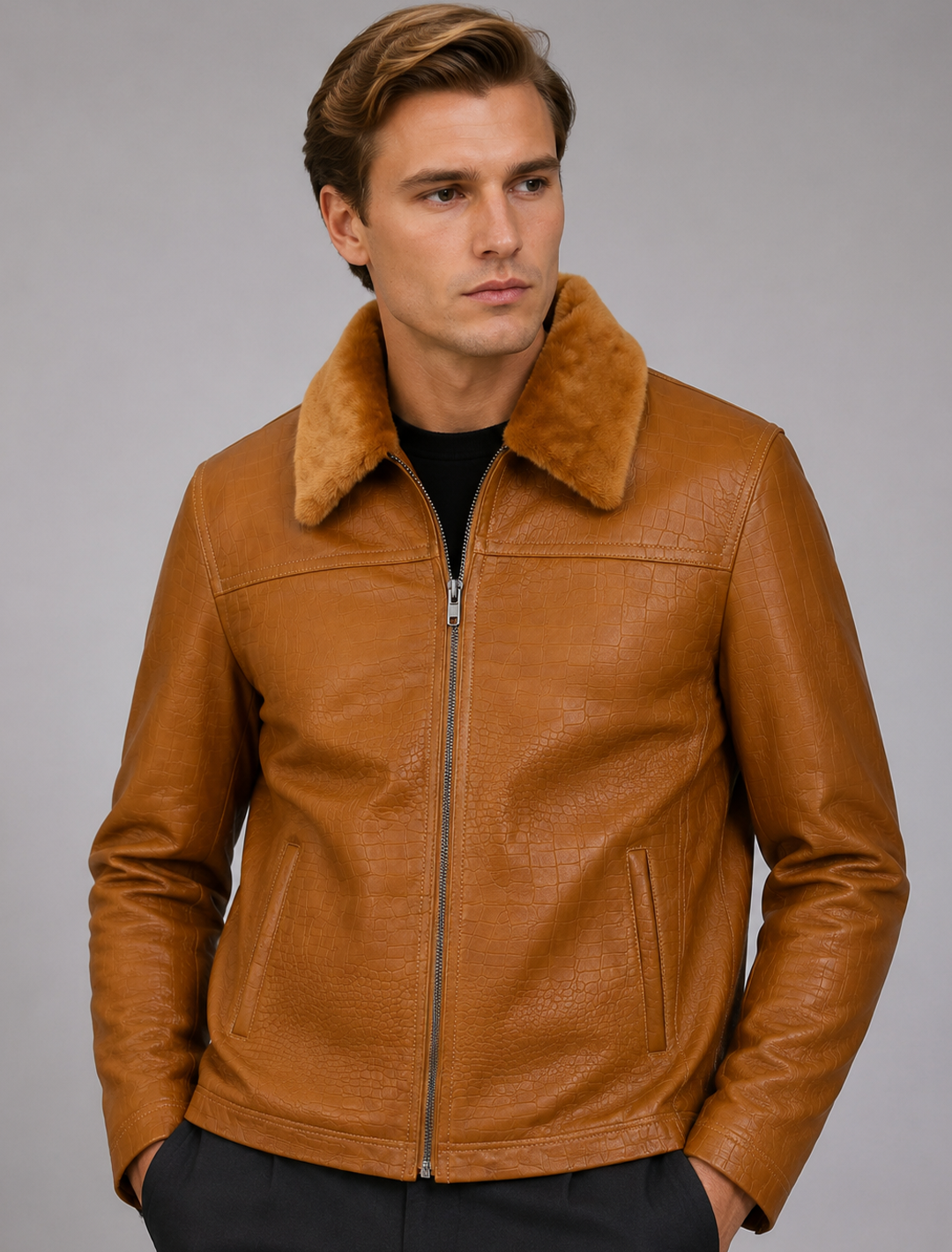 Tan Croco Leather Aviator Jacket | Men's Shearling Collar Zip Jacket