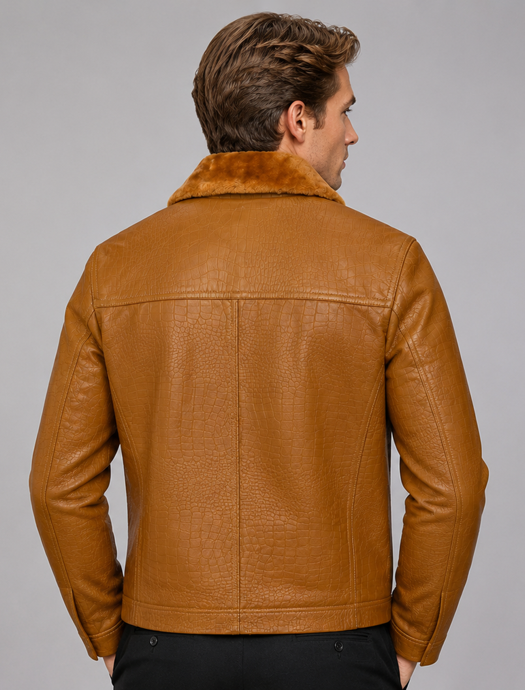 Tan Croco Leather Aviator Jacket | Men's Shearling Collar Zip Jacket