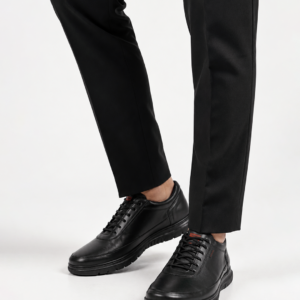 Black Leather Casual Sneakers with Red Accent | Minimalist Comfort Trainers