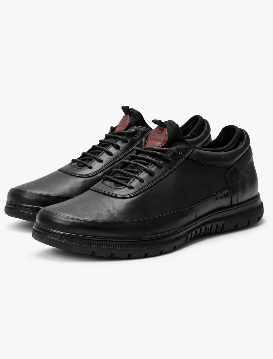 Black Leather Casual Sneakers with Red Accent | Minimalist Comfort Trainers