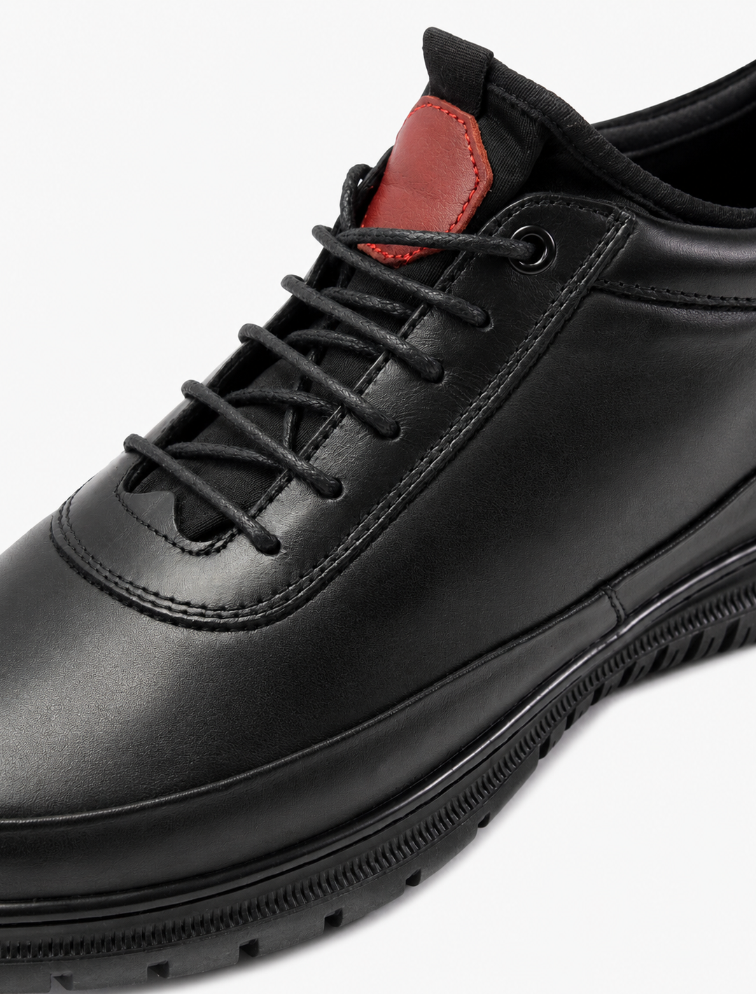 Black Leather Casual Sneakers with Red Accent | Minimalist Comfort Trainers