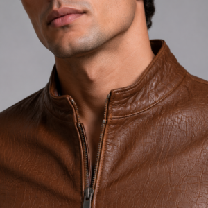 Classic Brown Croco-Embossed Leather Jacket | Men's Zip-Front Stand Collar Jacket