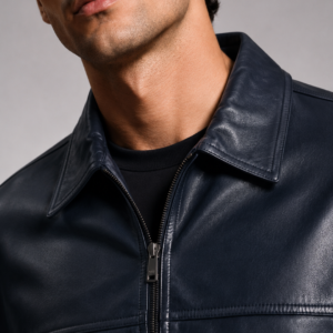 Classic Navy Blue Leather Bomber Jacket | Unisex Zip-Up Aviator Jacket