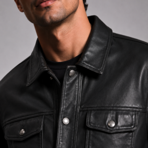 Classic Black Leather Trucker Jacket | Unisex Button-Front Shirt Collar Jacket