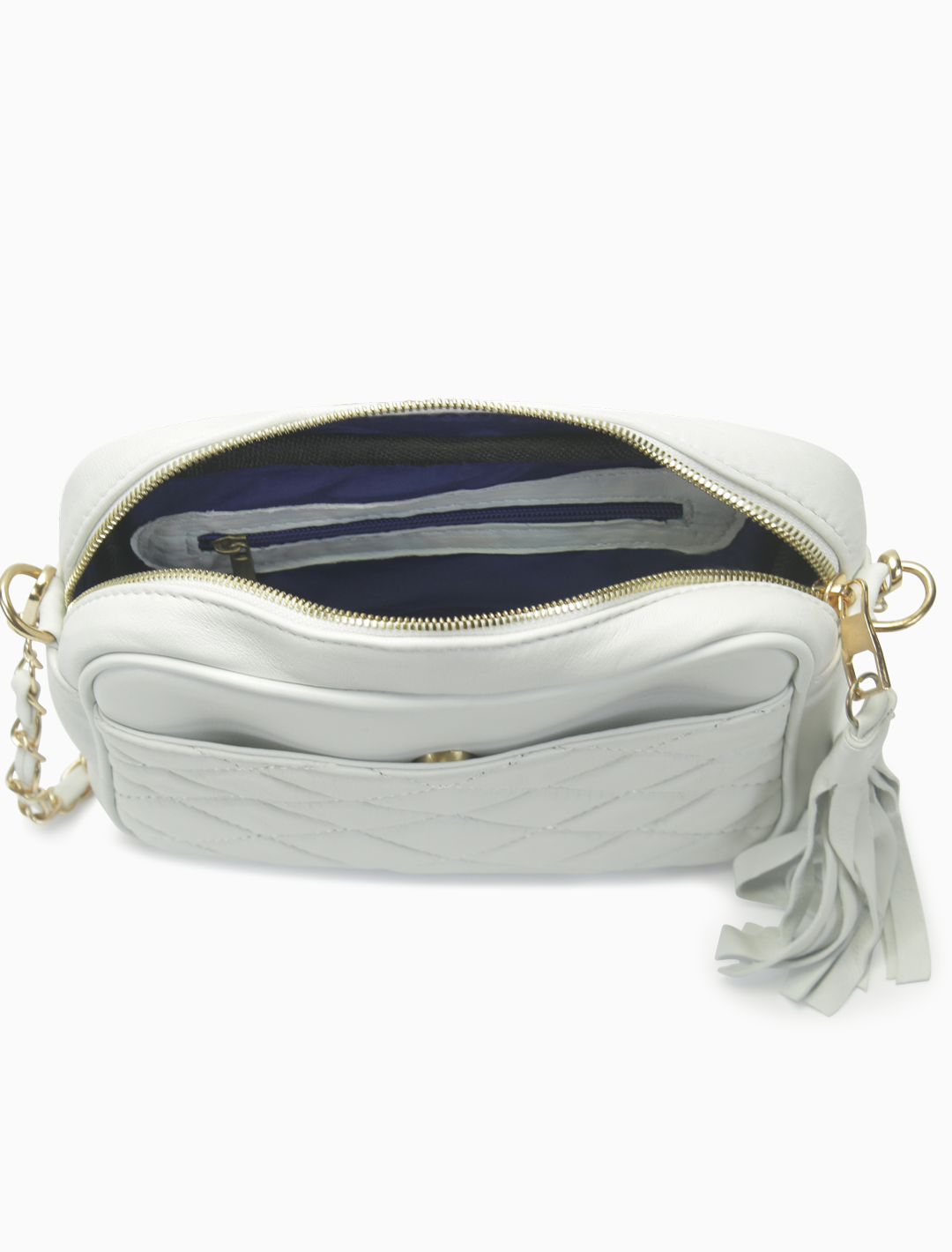 Minimalist White Quilted Leather Camera Bag | Elegant Diamond-Stitched Crossbody